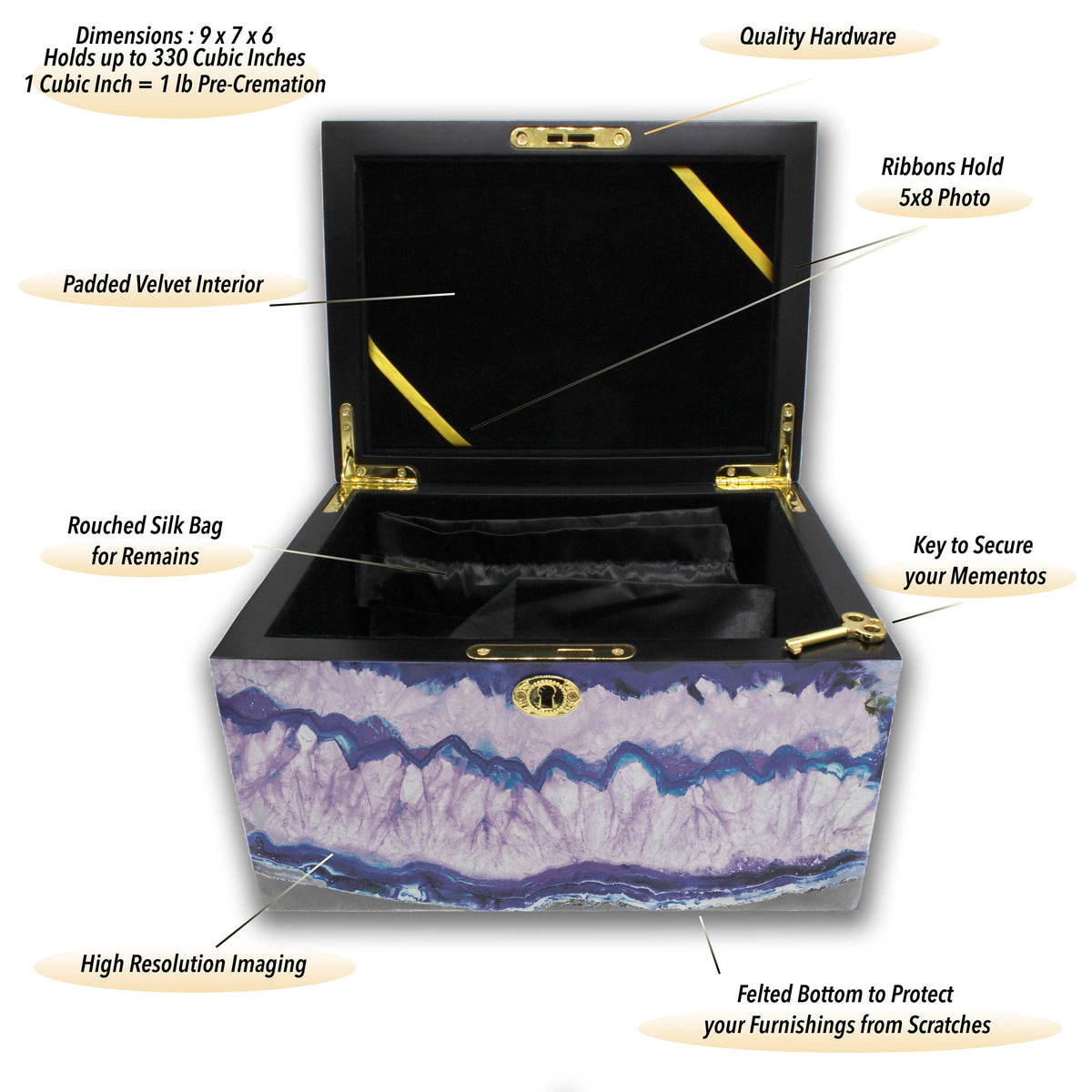 Commemorative Cremation Urns Purple Agate Crystal Memorial Chest with Genuine Amethyst and Rose Quartz Cremation Urn