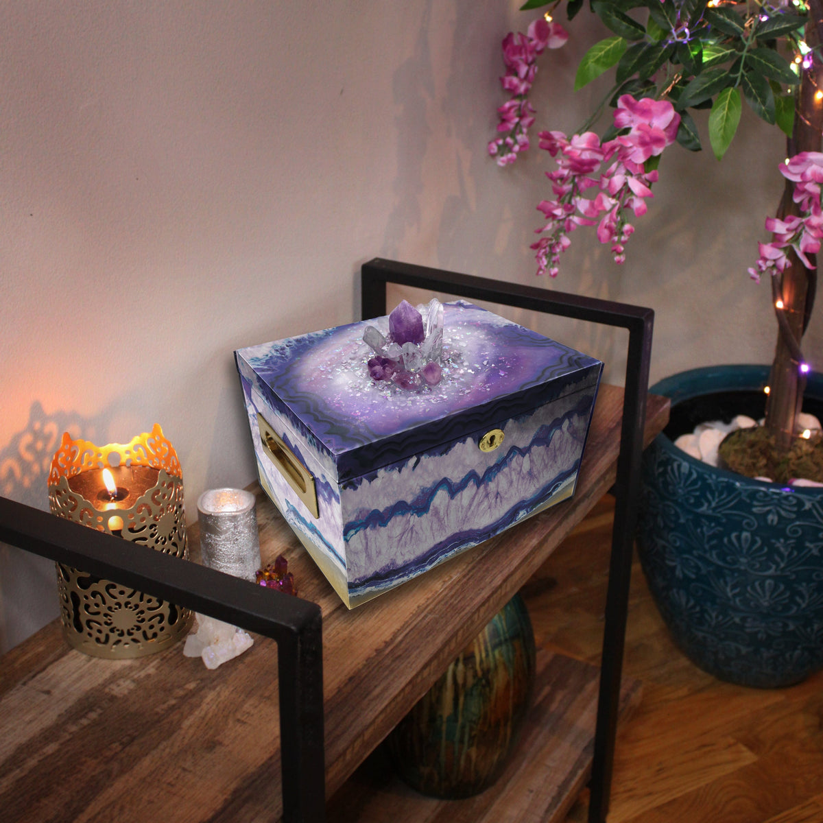 Commemorative Cremation Urns Purple Agate Crystal Memorial Chest with Genuine Amethyst and Rose Quartz Cremation Urn