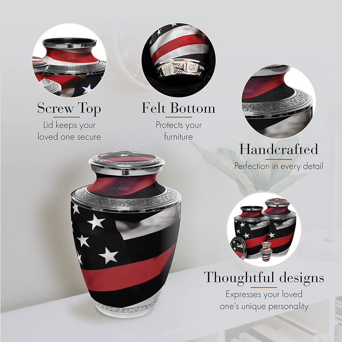Commemorative Cremation Urns Red Line Firefighter and First Responder Flag Cremation Urn