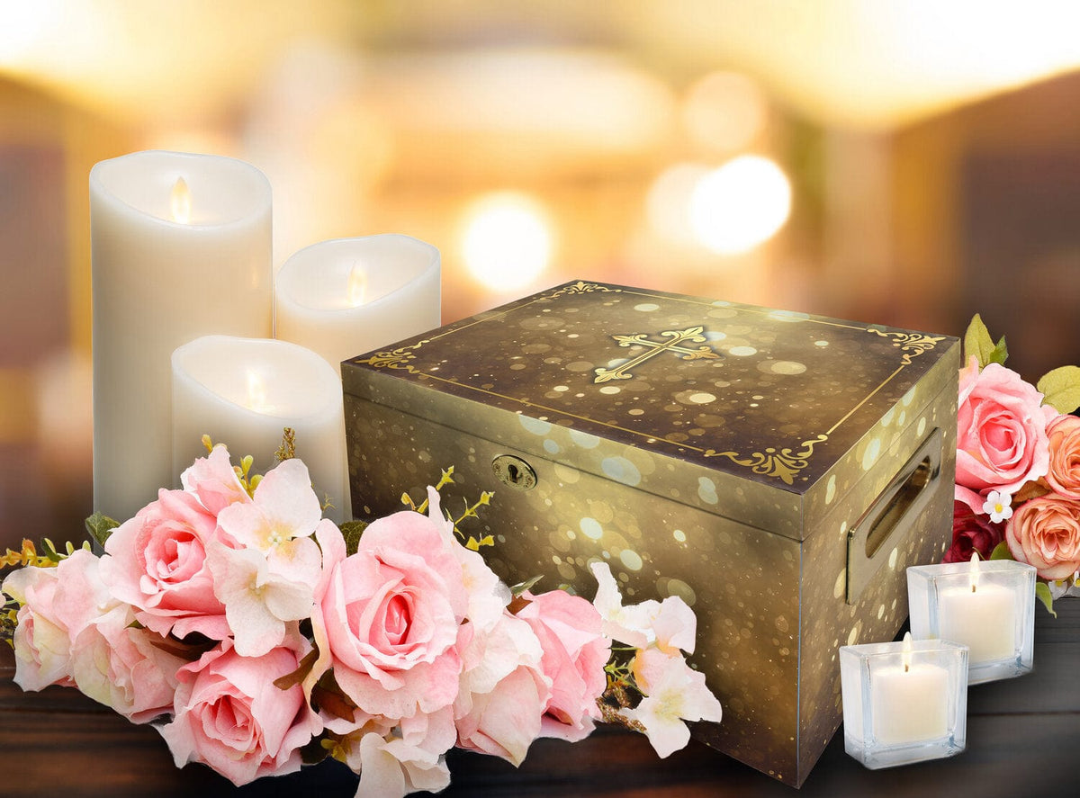Commemorative Cremation Urns Shining His Light (Gold) Memorial Collection Chest Cremation Urn