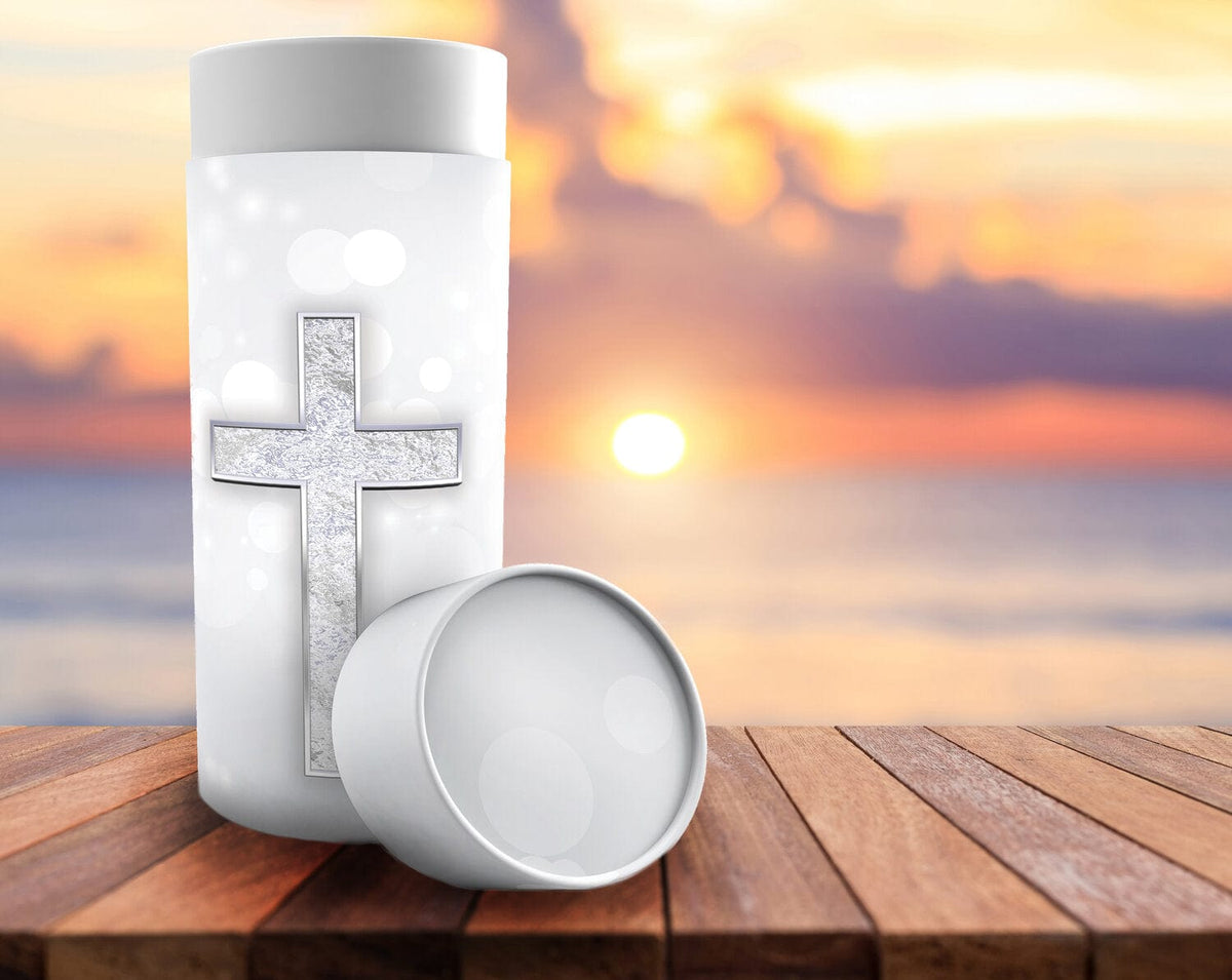 Commemorative Cremation Urns Silver Cross Biodegradable & Eco Friendly Burial or Scattering Urn / Tube