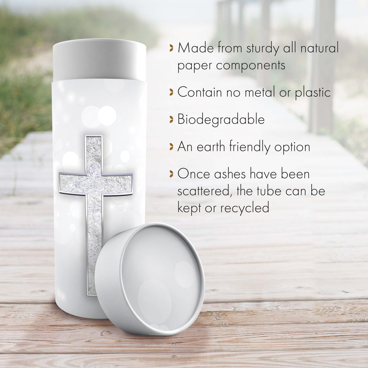 Commemorative Cremation Urns Silver Cross Biodegradable & Eco Friendly Burial or Scattering Urn / Tube