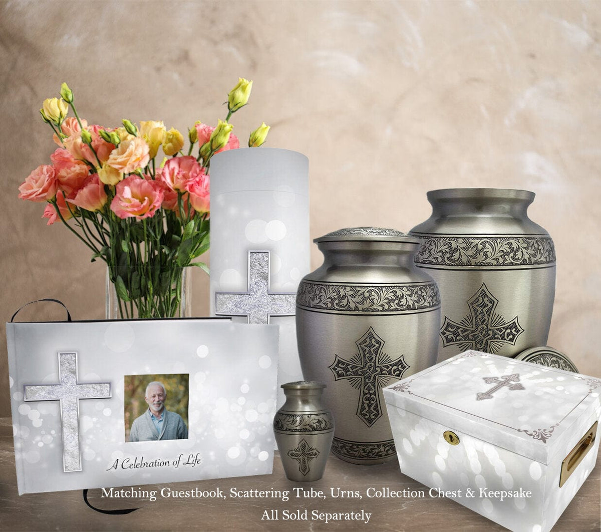 Commemorative Cremation Urns Silver Cross Matching Themed 'Celebration of Life' Guest Book for Funeral or Memorial Service
