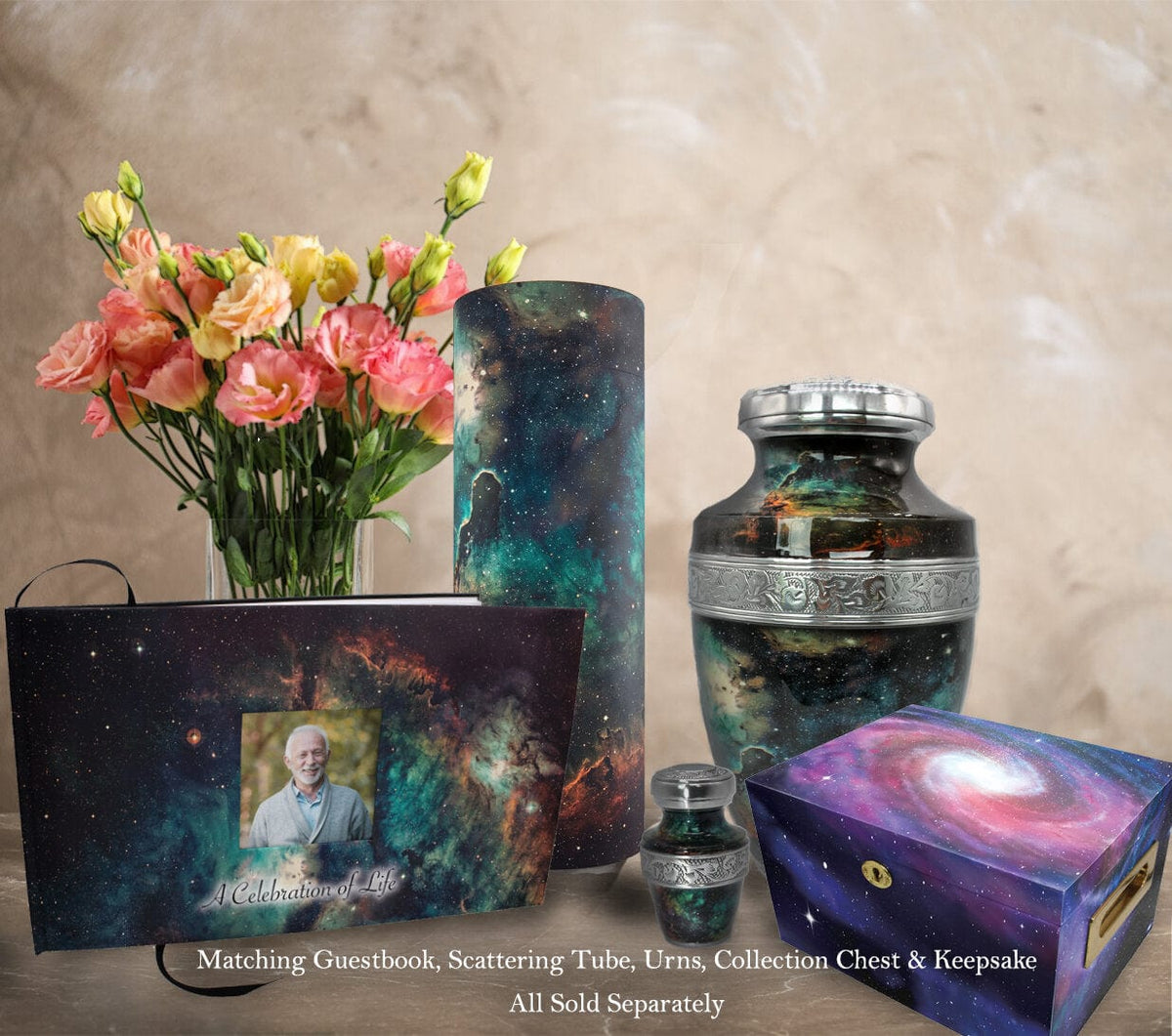 Commemorative Cremation Urns Supernova Galaxy Matching Themed 'Celebration of Life' Guest Book for Funeral or Memorial Service