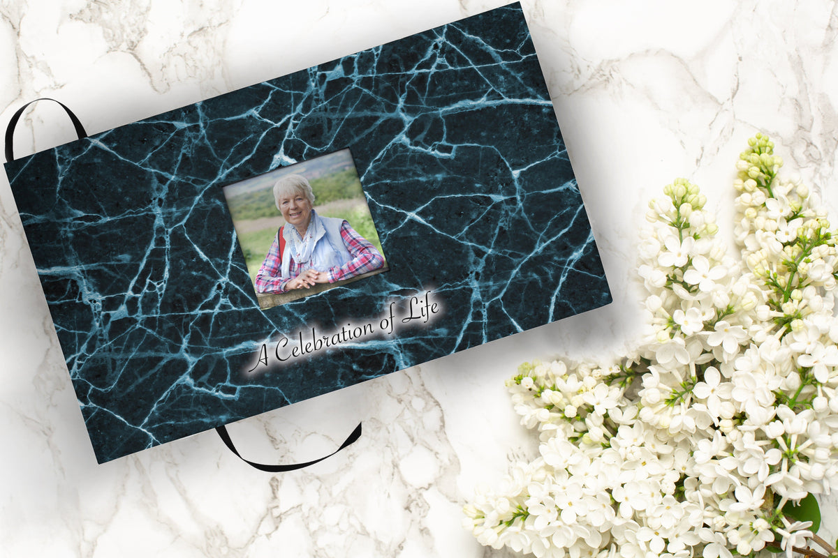 Commemorative Cremation Urns Teal Marble Matching Themed 'Celebration of Life' Guest Book for Funeral or Memorial Service