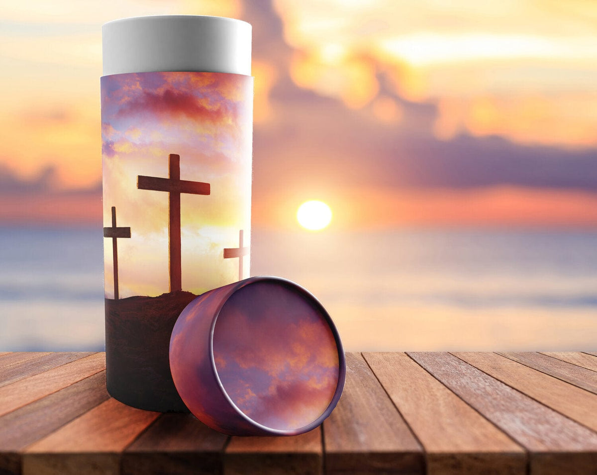 Commemorative Cremation Urns Three Crosses - Biodegradable & Eco Friendly Burial or Scattering Urn / Tube
