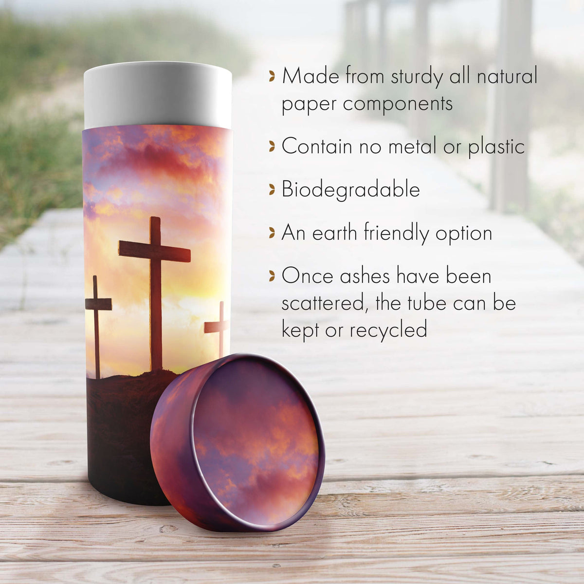 Commemorative Cremation Urns Three Crosses - Biodegradable & Eco Friendly Burial or Scattering Urn / Tube