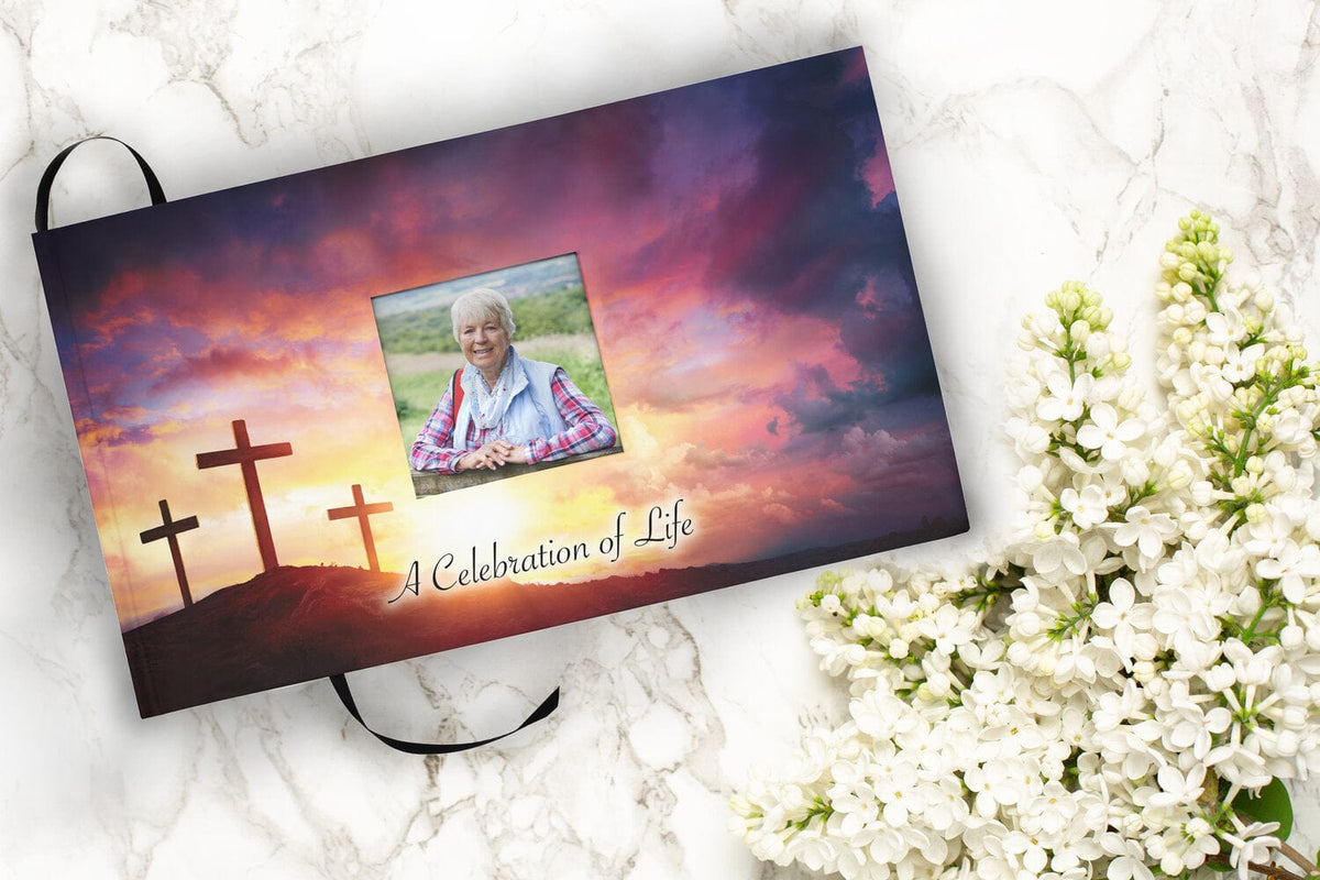 Commemorative Cremation Urns Three Crosses Matching Themed 'Celebration of Life' Guest Book for Funeral or Memorial Service
