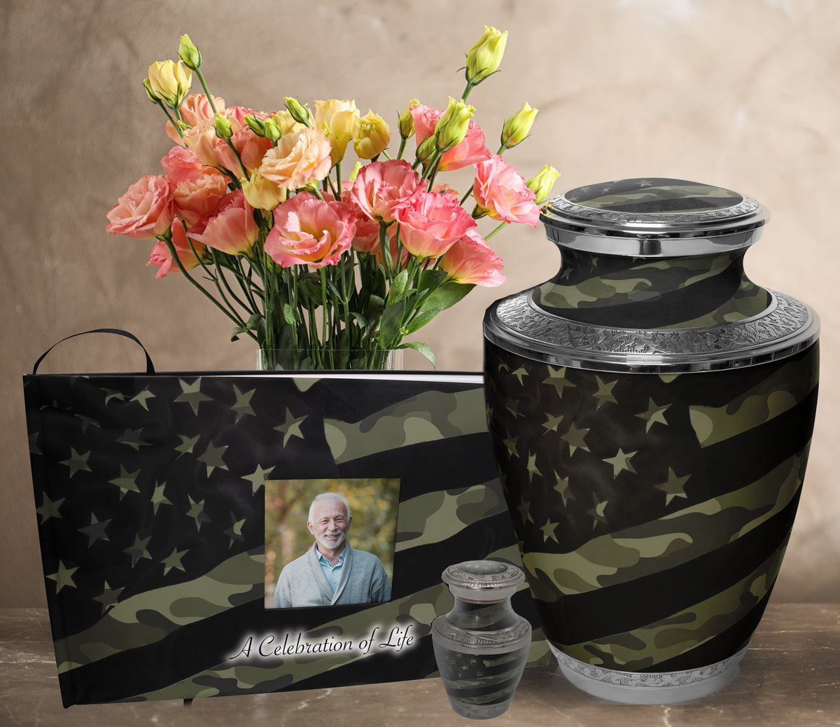 Commemorative Cremation Urns Traditional Camouflage Matching Themed 'Celebration of Life' Guest Book for Funeral or Memorial Service
