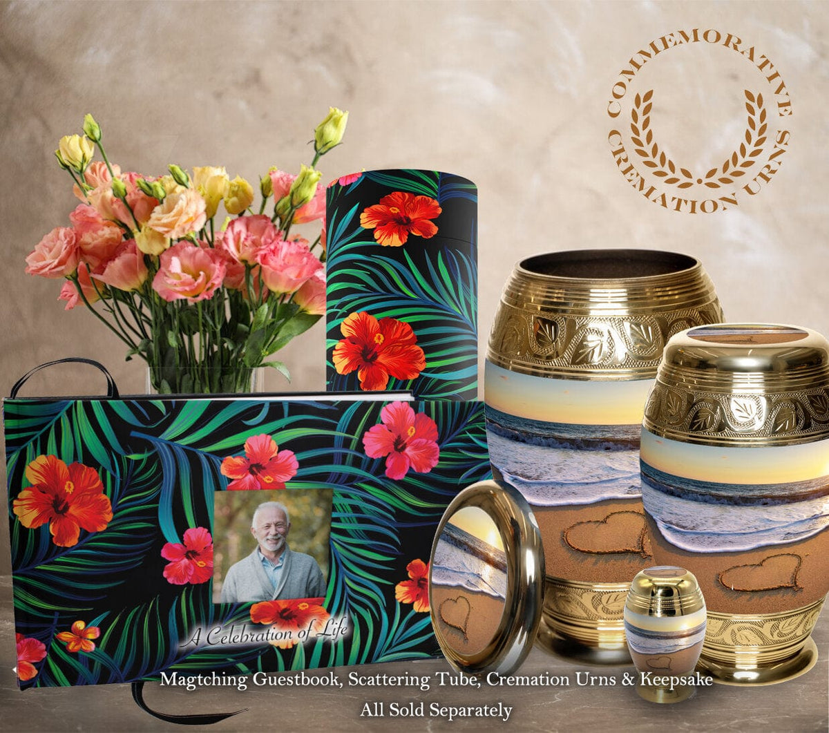 Commemorative Cremation Urns Tropical Matching Themed 'Celebration of Life' Guest Book for Funeral or Memorial Service