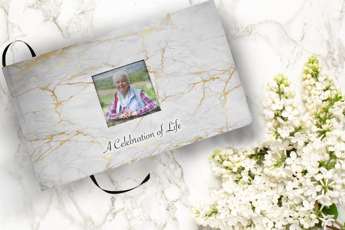 Commemorative Cremation Urns White Marble Matching Themed 'Celebration of Life' Guest Book for Funeral or Memorial Service