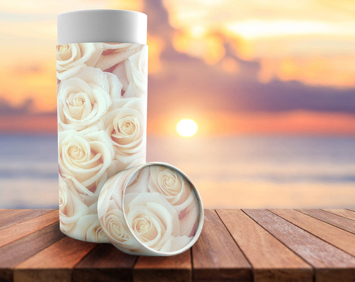 Commemorative Cremation Urns White Roses Biodegradable & Eco Friendly Burial or Scattering Urn / Tube