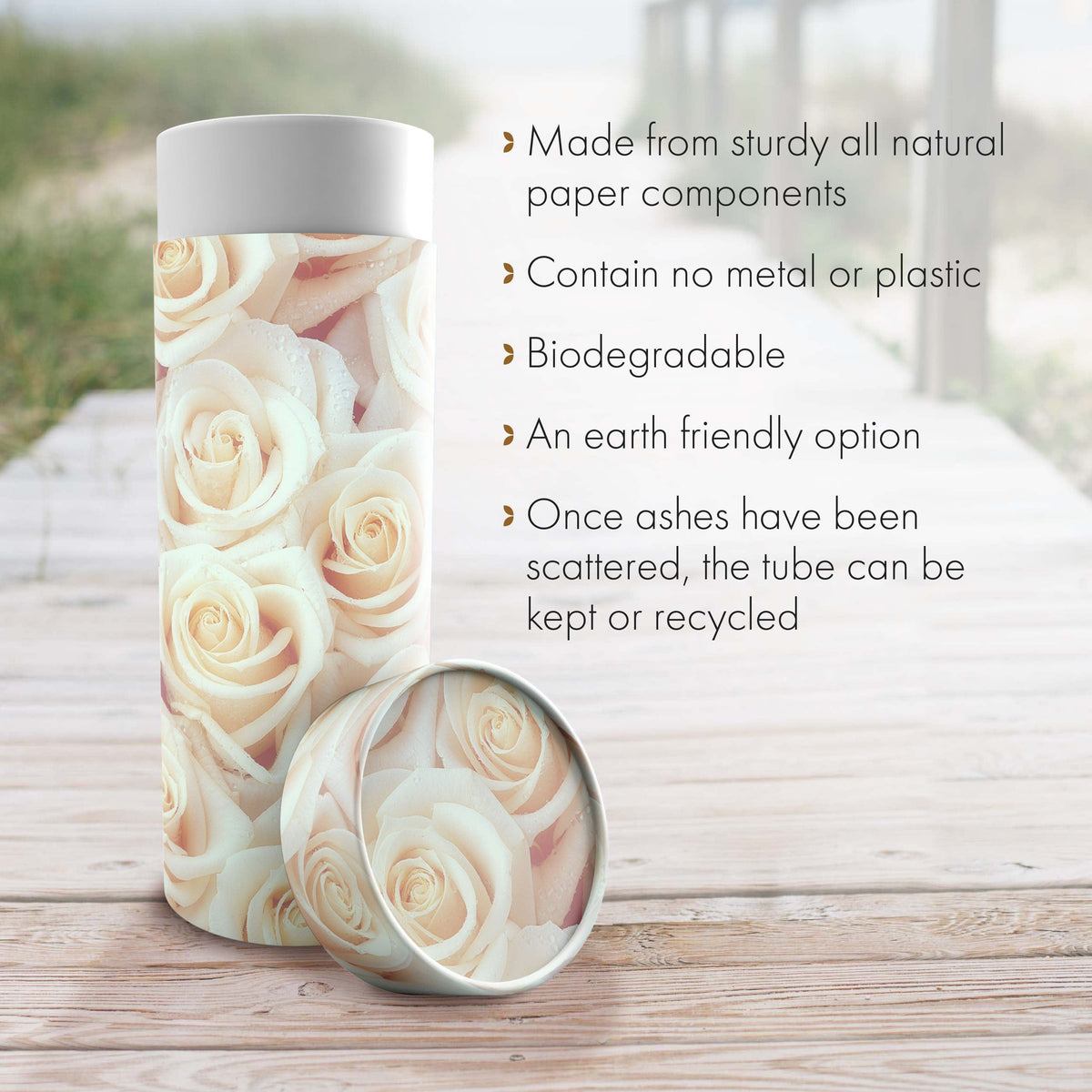 Commemorative Cremation Urns White Roses Biodegradable & Eco Friendly Burial or Scattering Urn / Tube