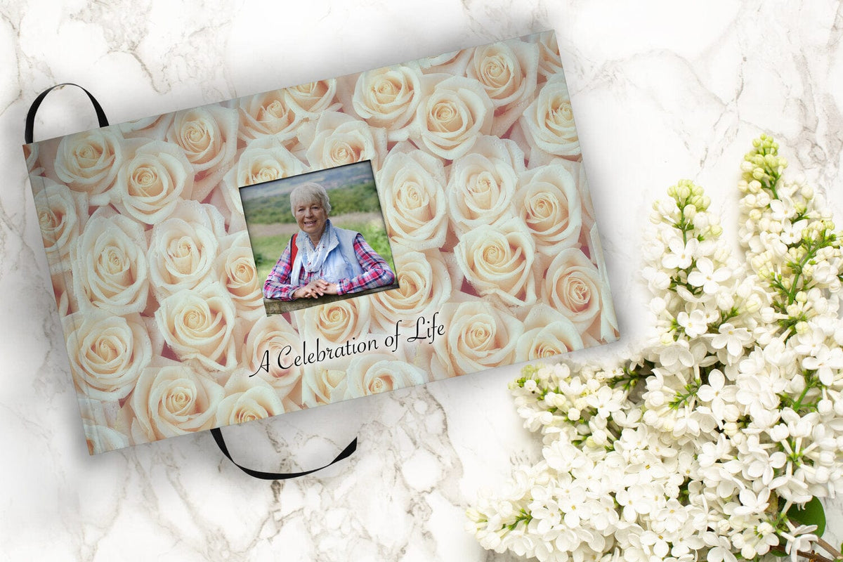 Commemorative Cremation Urns White Roses Matching Themed 'Celebration of Life' Guest Book for Funeral or Memorial Service