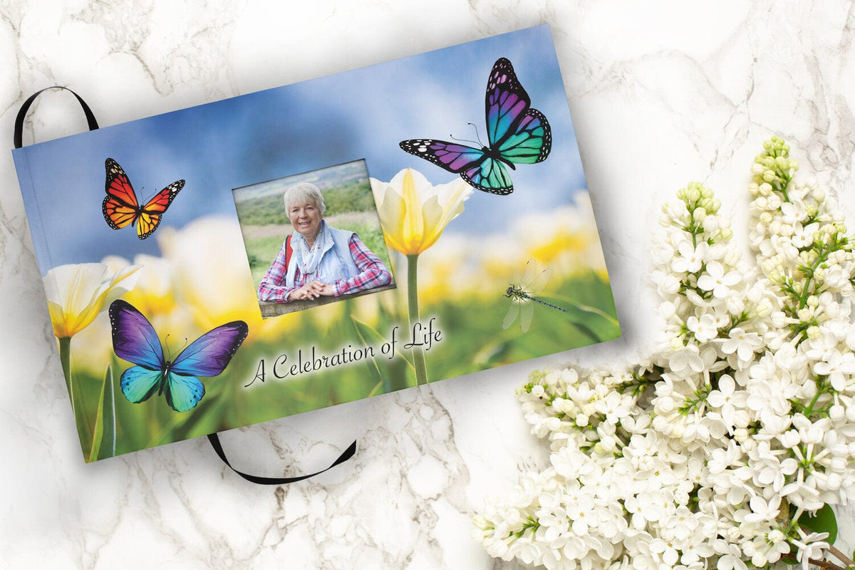 Commemorative Cremation Urns Wild Butterflies Matching Themed 'Celebration of Life' Guest Book for Funeral or Memorial Service